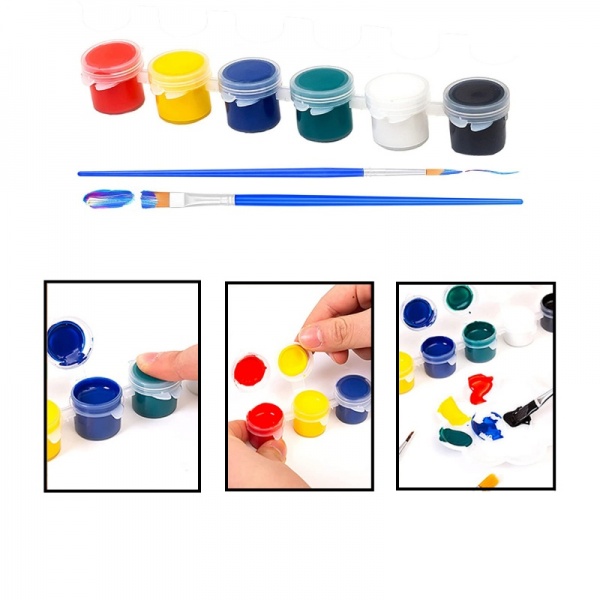 Childrens Acrylic Paint Pot Strip - Set 6 Colours + 2 Brushes